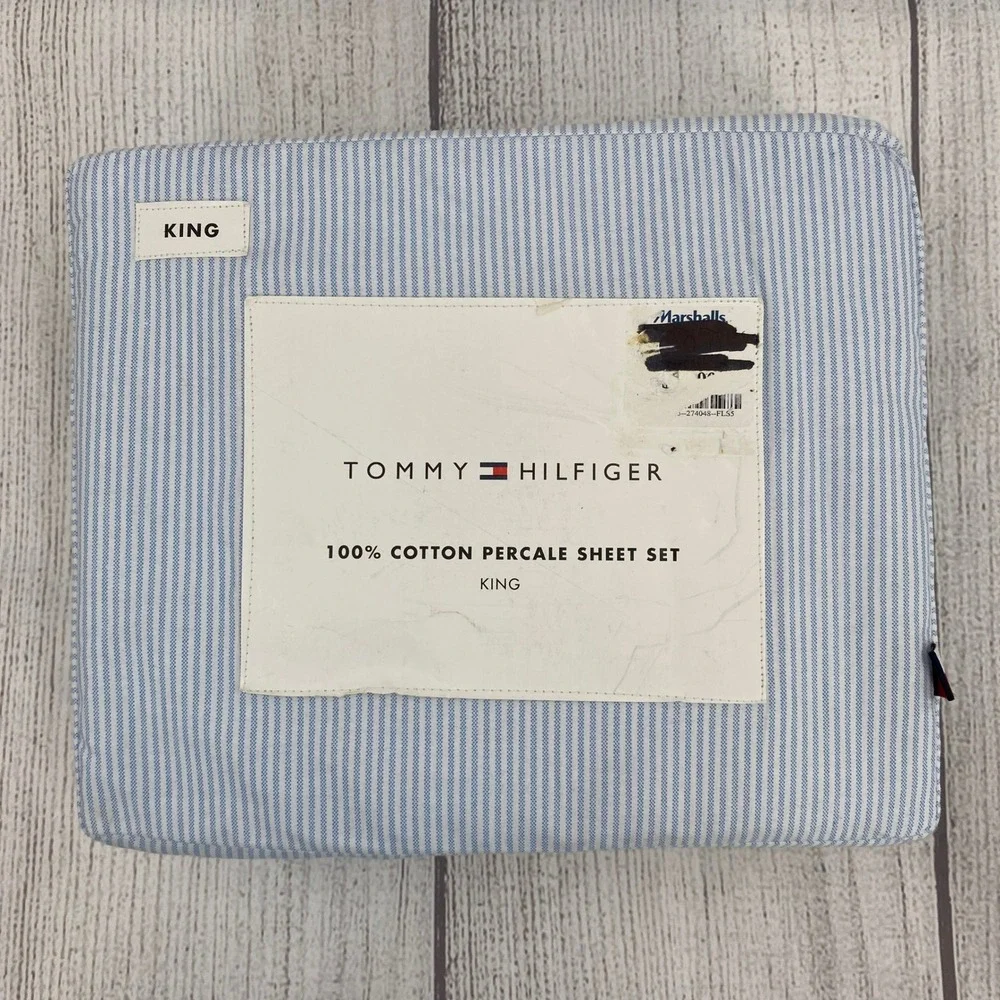 Tommy Hilfiger Sheet Set King Blue Ithaca Stripe 100% Cotton Percale Preppy
